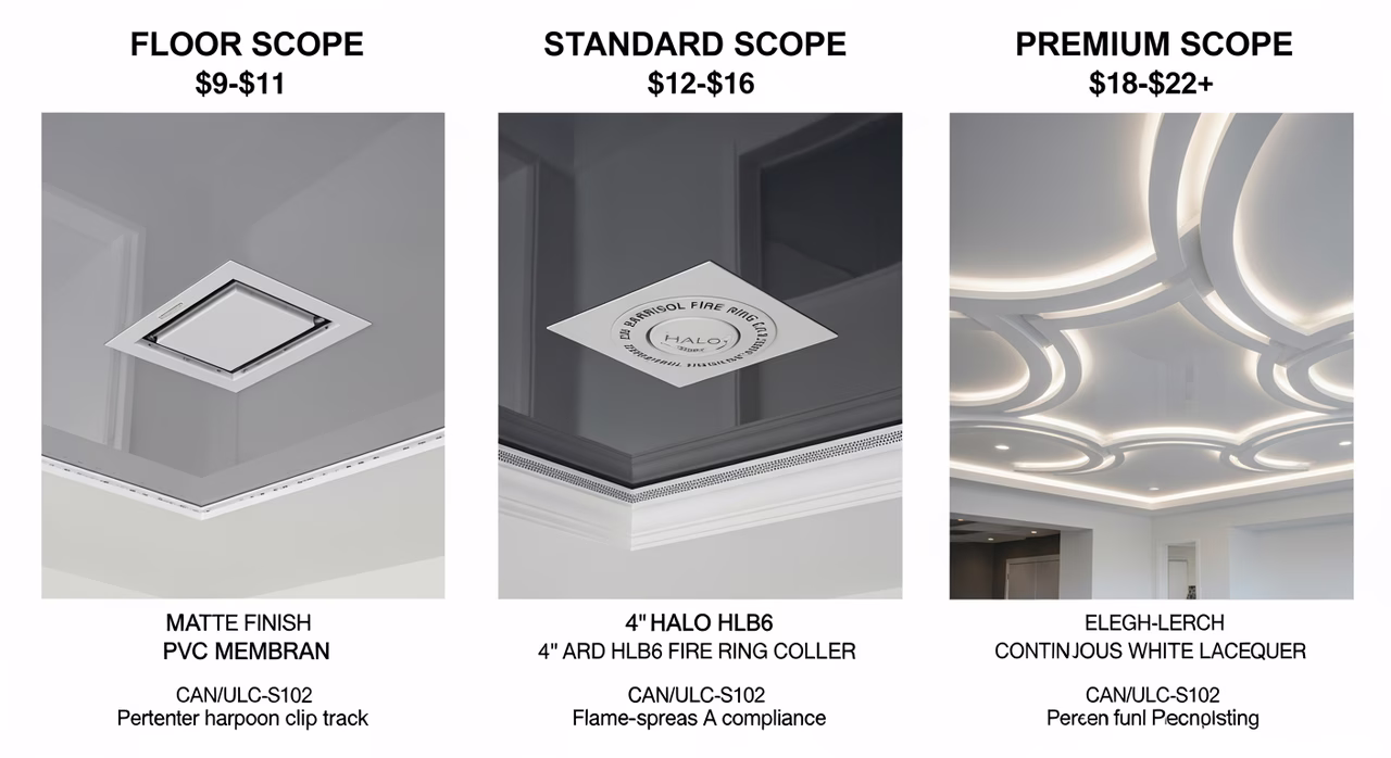 Three Toronto stretch-ceiling installation tiers compared: floor scope (matte or satin-finish PVC membrane in 24-inch-wide colour-stock from Clipso or Newmat, perimeter PVC harpoon-clip track, single-zone install) at $9-$11/sqft, standard scope (matte/satin/gloss/lacquer PVC in 60-plus colour stock from Barrisol or Extenzo, integrated 4-inch IC-rated Halo HLB6 LED recessed cans 2-3 per 100 sq ft with thermo-resistant Barrisol Fire Ring collar and ESA-registered electrical rough-in, decorative cove trim) at $12-$16 mid, premium scope (high-gloss lacquer or mirror-finish PVC in custom colour-match, multi-level 3D-shaped with curve-and-arch geometry, full perimeter LED backlight) at $18-$22 -- labelled with CAN/ULC-S102 flame-spread Class A