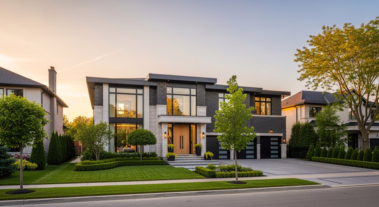 Toronto Vaughan 2020s detached luxury home at golden hour with manicured landscaping on upper-middle-class suburban street where premium stretch-ceiling installations with high-gloss lacquer finish from Barrisol Lumière or Newmat Coloris run $18-$22 per sqft and the Russian-Canadian stretch-ceiling installer trade community originated the install method in Canada in the early 2000s