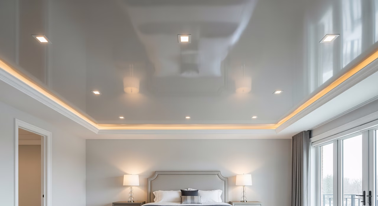 Completed Toronto luxury master bedroom with perfectly-flat satin-finish PVC stretch ceiling in soft warm-grey colour (Clipso 705 satin grey), no visible joints or seams, integrated IC-rated Halo HLB6 4-inch LED recessed cans in flush trim ring with thermo-resistant collar, decorative Clipso Cove shadow-mould at perimeter wall-to-ceiling transition