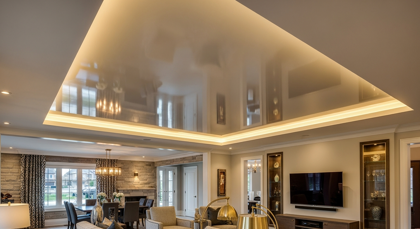 Editorial detail of a Aurora stretch ceiling installation install — visible quality finish