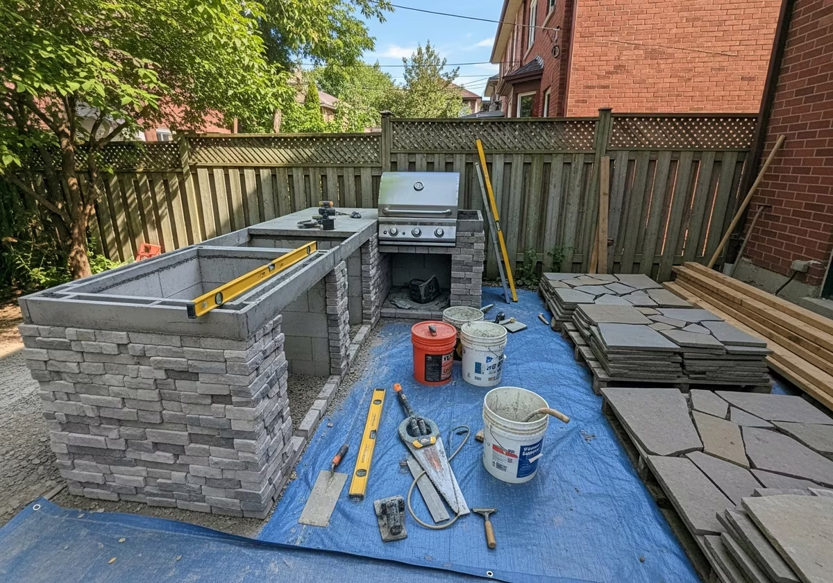 Outdoor Kitchen Build tools and materials staged in Toronto home