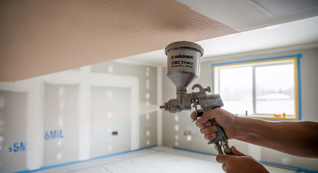 Toronto stucco-ceiling applicator operating Wagner ControlPro 250M texture-spray rig at #8 tip pulling fine orange-peel pattern across primed ceiling drywall, hopper-gun loaded with CGC Synko All Purpose thinned to texture-spray consistency, 18-24-inch nozzle distance, 6-mil poly floor and 2-mil poly wall protection from ceiling line to floor