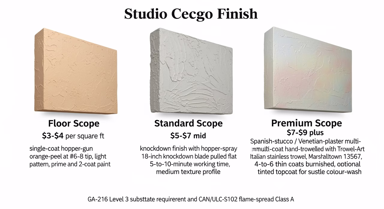 Three Toronto stucco-ceiling finish tiers compared: floor scope (single-coat hopper-gun orange-peel at #6-#8 tip, light pattern, prime and 2-coat paint) at $3-$4/sq ft, standard scope (knockdown with hopper-spray plus 18-inch blade pulled flat at 5-10 min working time, medium texture profile) at $5-$7 mid, premium scope (Spanish-stucco / Venetian-plaster multi-coat hand-trowelled with Trowel-Art Italian stainless or Marshalltown 13567, 4-6 thin coats burnished, optional tinted topcoat) at $7-$9 -- labelled with GA-216 Level 3 substrate