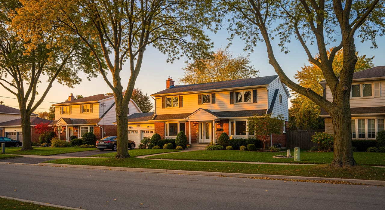 Toronto Mississauga 1960s suburban detached two-storey home at golden hour with mature trees on a family street where stucco-ceiling scopes (orange-peel new install, knockdown contemporary, Spanish-stucco premium hand-trowelled) run $3-$9 per sq ft and pre-1980 stock requires Ontario Reg 278/05 asbestos DSS on existing-texture disturbance