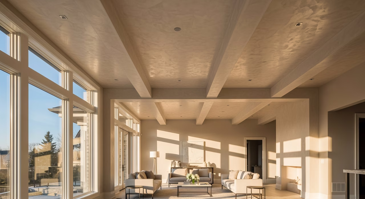 Completed Toronto luxury great-room with hand-trowelled Spanish-stucco / Venetian-plaster ceiling in subtle warm-cream tinted topcoat, depth and sheen variation under raking-light from large west-facing picture windows, exposed-beam structural with stucco between beams