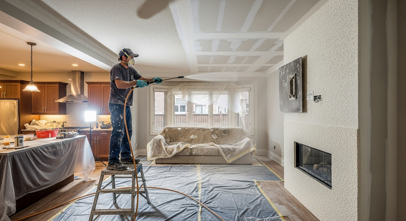 On-site stucco & stipple ceiling install detail at a Brampton property