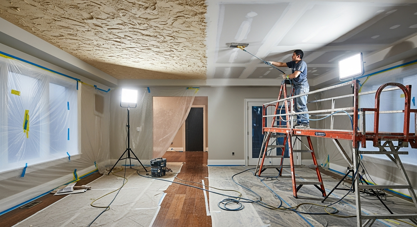 Completed stucco & stipple ceiling work showcasing finishing details in Brock