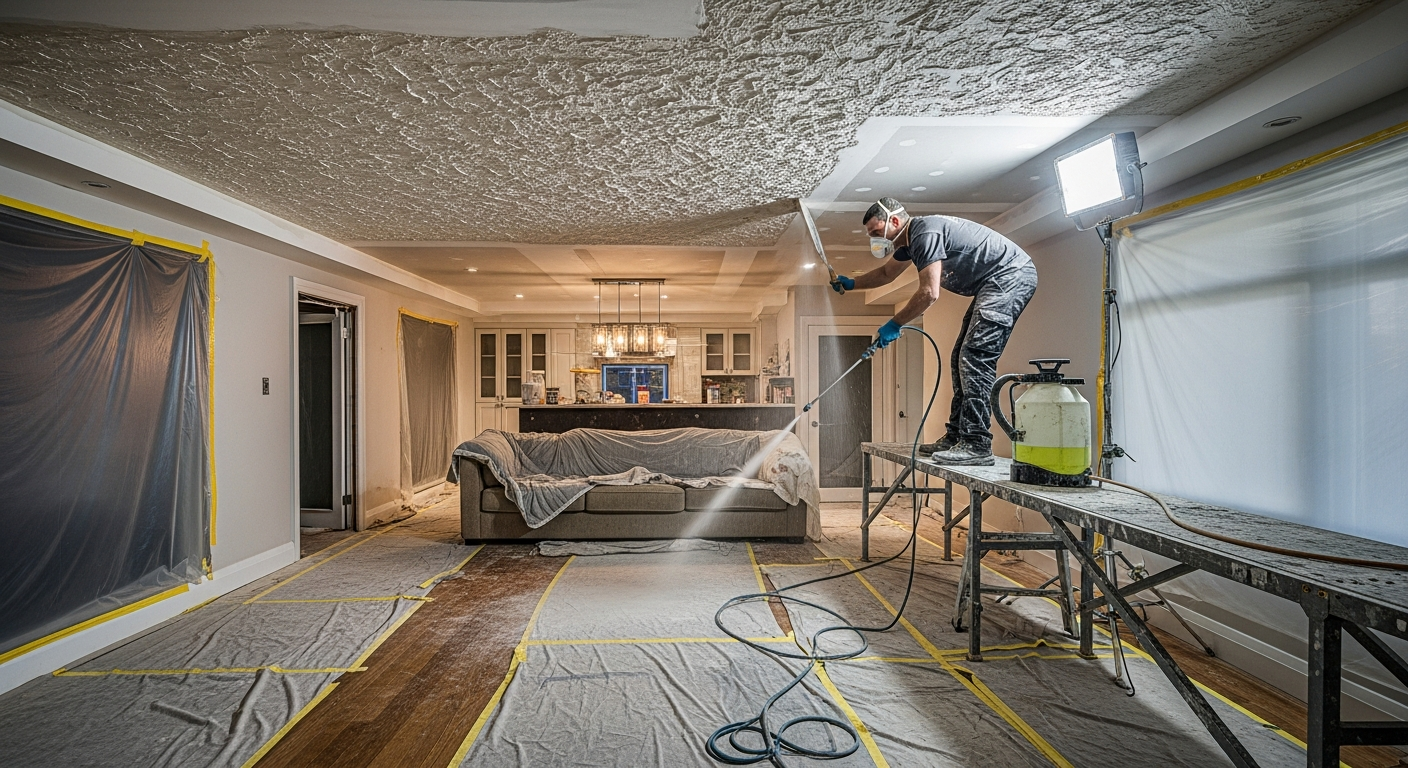 On-site stucco & stipple ceiling install detail at a Clarington property