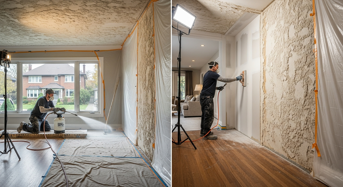 On-site stucco & stipple ceiling install detail at a Etobicoke property