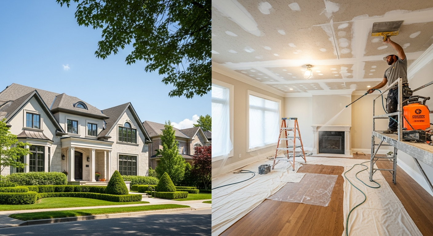 Completed stucco & stipple ceiling work showcasing finishing details in Markham