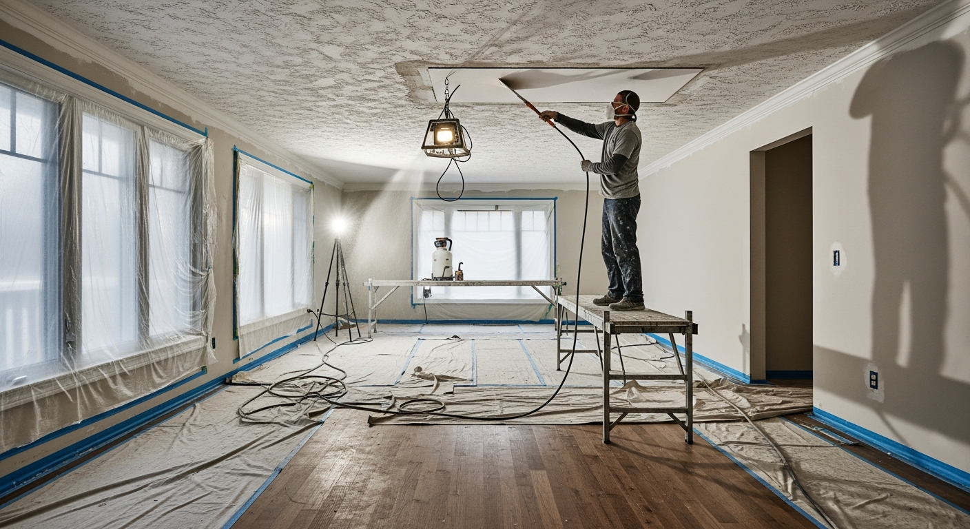 Detail view of a stucco & stipple ceiling job finished in Milton — expert craftsmanship