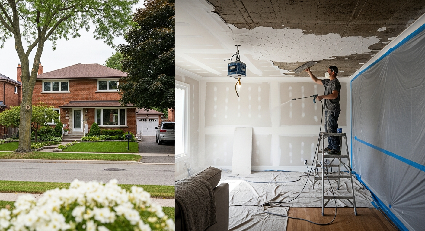 On-site stucco & stipple ceiling install detail at a Oshawa property