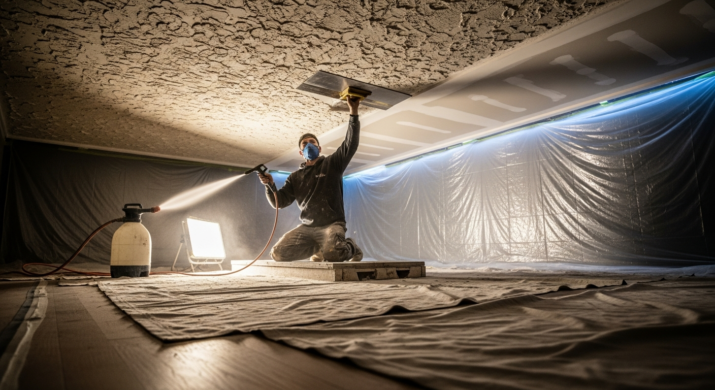 Editorial detail of a Richmond Hill stucco & stipple ceiling install — visible quality finish
