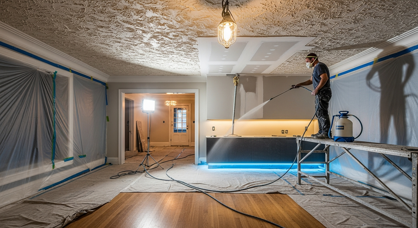 On-site stucco & stipple ceiling install detail at a Toronto property