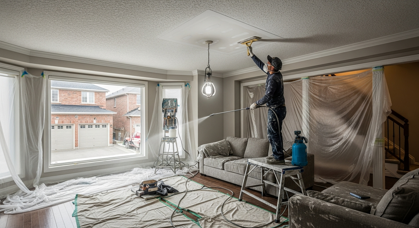 Editorial detail of a Whitby stucco & stipple ceiling install — visible quality finish