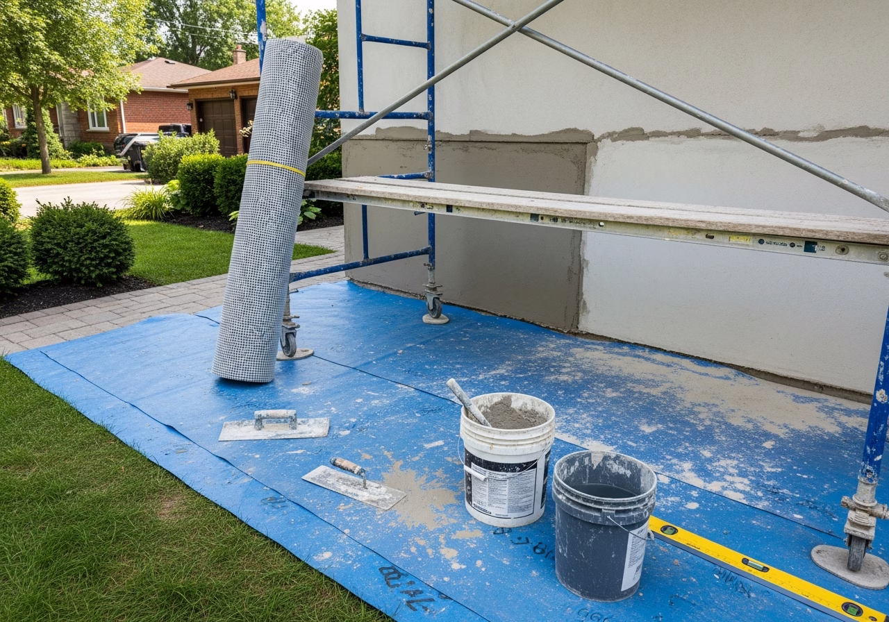 Stucco Exterior Installation in progress: tools, materials, and protective floor covering staged for a Toronto exterior work