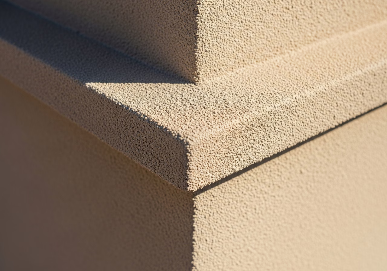 Close-up detail of professionally completed stucco exterior installation showing craftsmanship and finish quality
