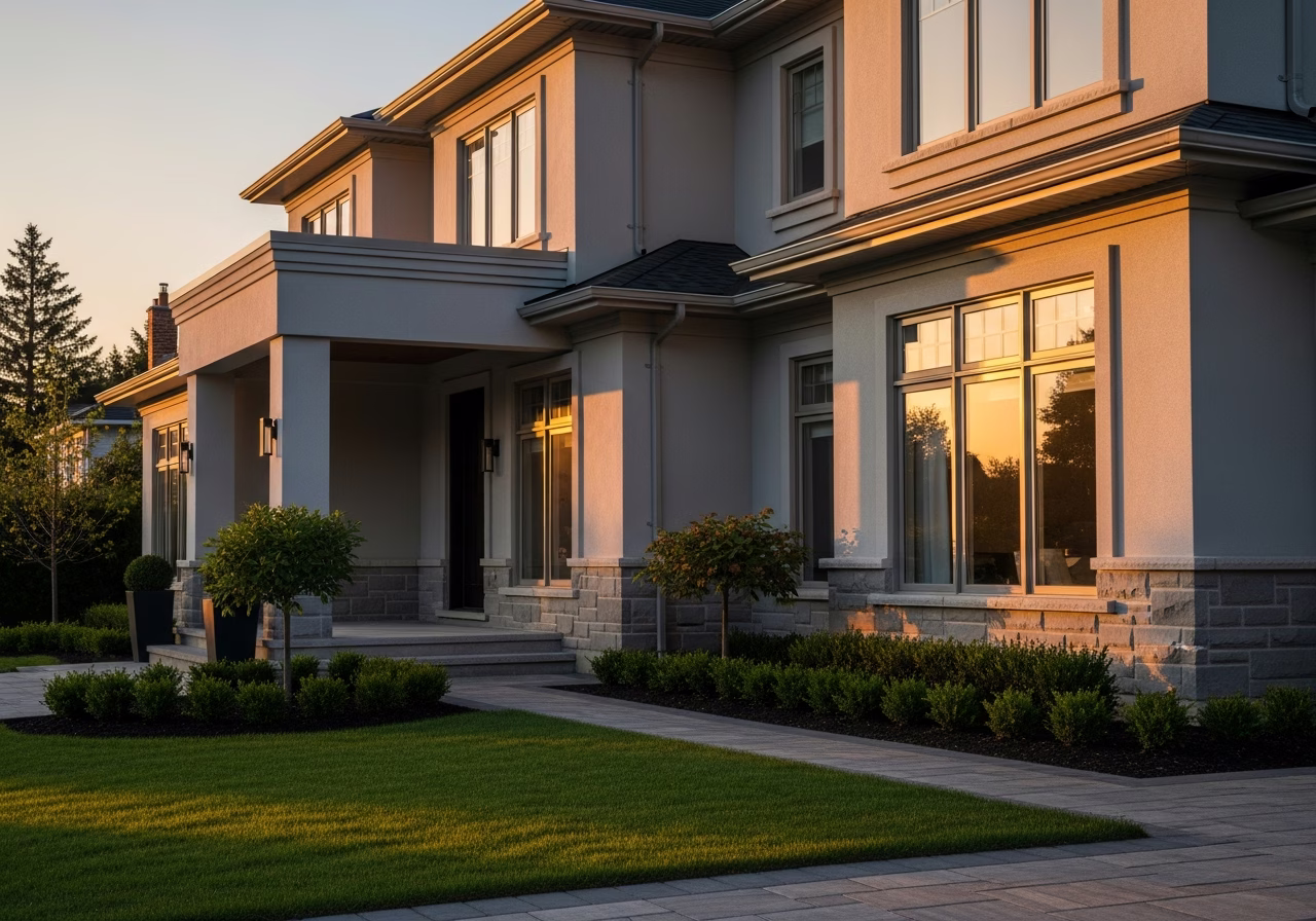 Finished stucco exterior installation result in a Toronto/GTA home, photographed in natural light