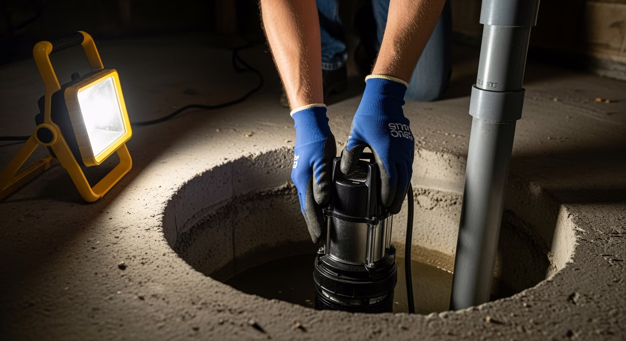 Licensed 306A plumber installing Zoeller M53 cast iron sump pump in new pit in Vaughan basement