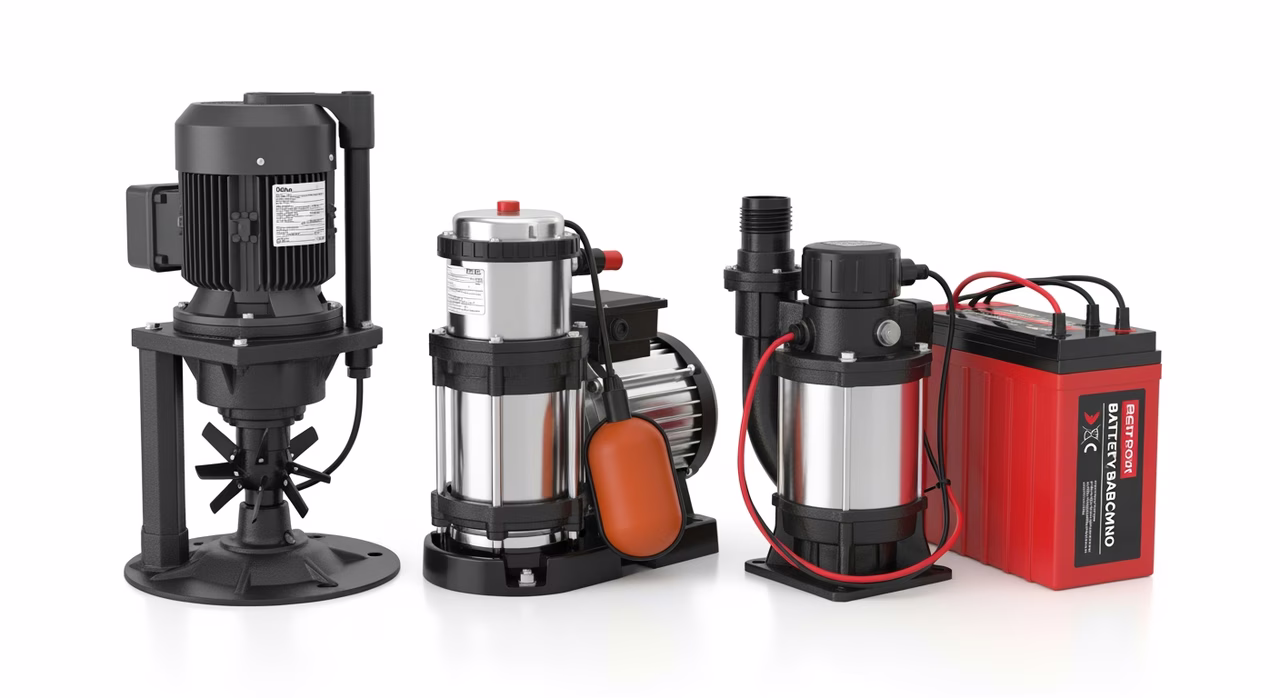 Zoeller, Liberty, and Wayne primary sump pumps compared with battery backup units on display