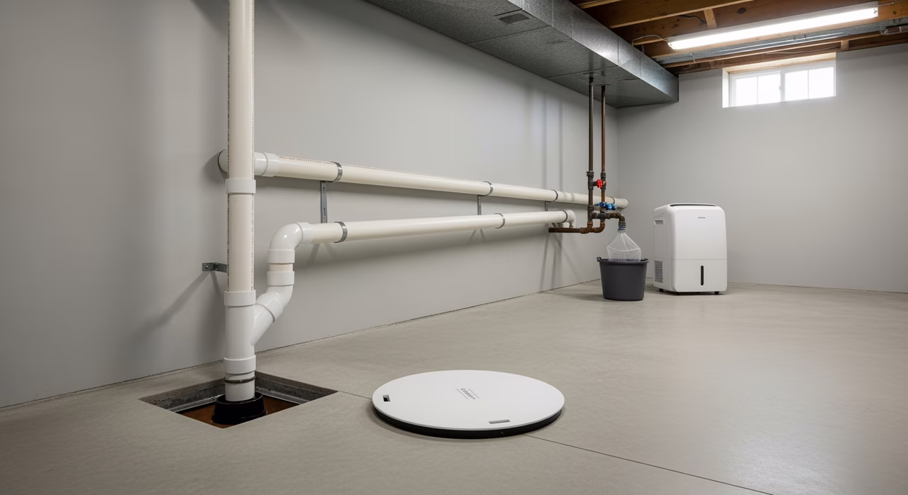 Close-up of sump pump check valve and discharge piping with rubber coupling to ABS