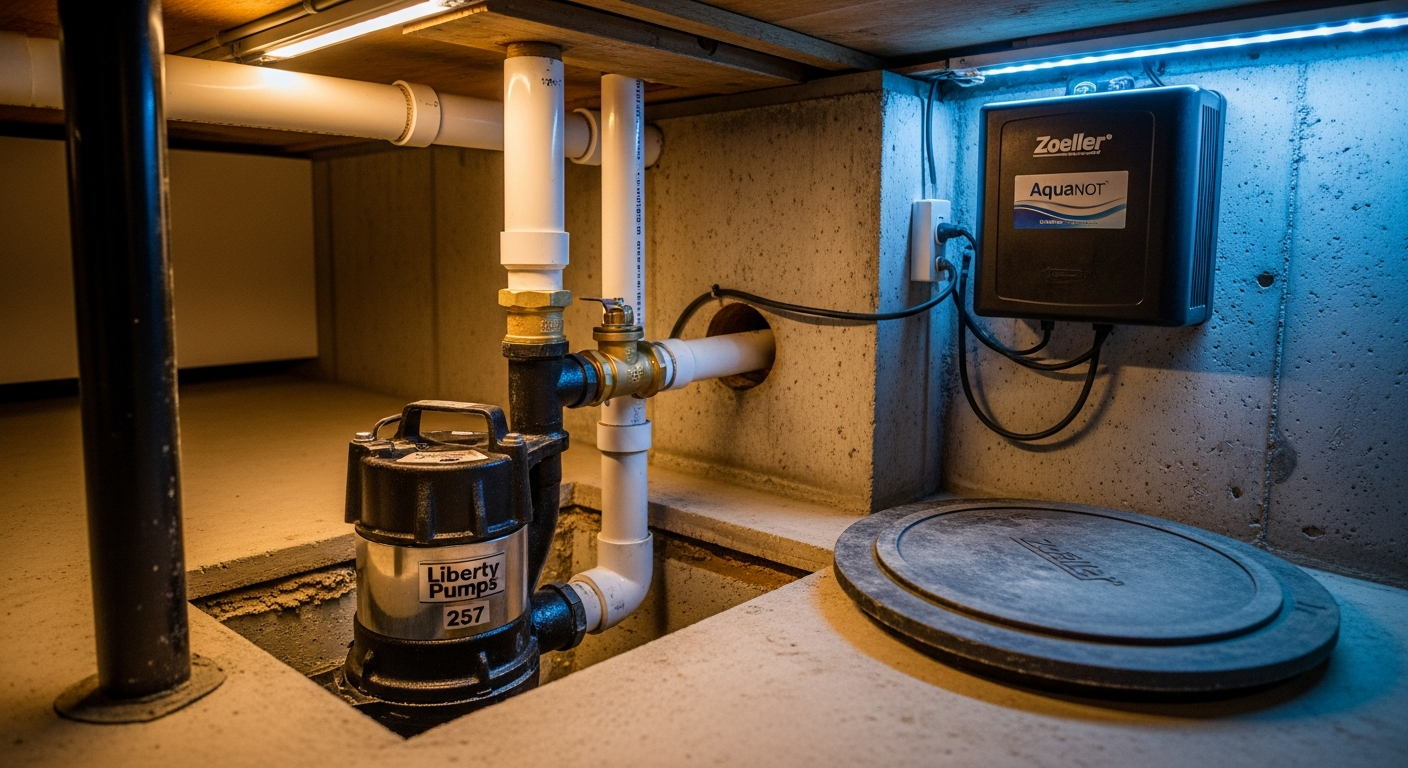 Detail view of a sump pump installation job finished in Brampton — expert craftsmanship
