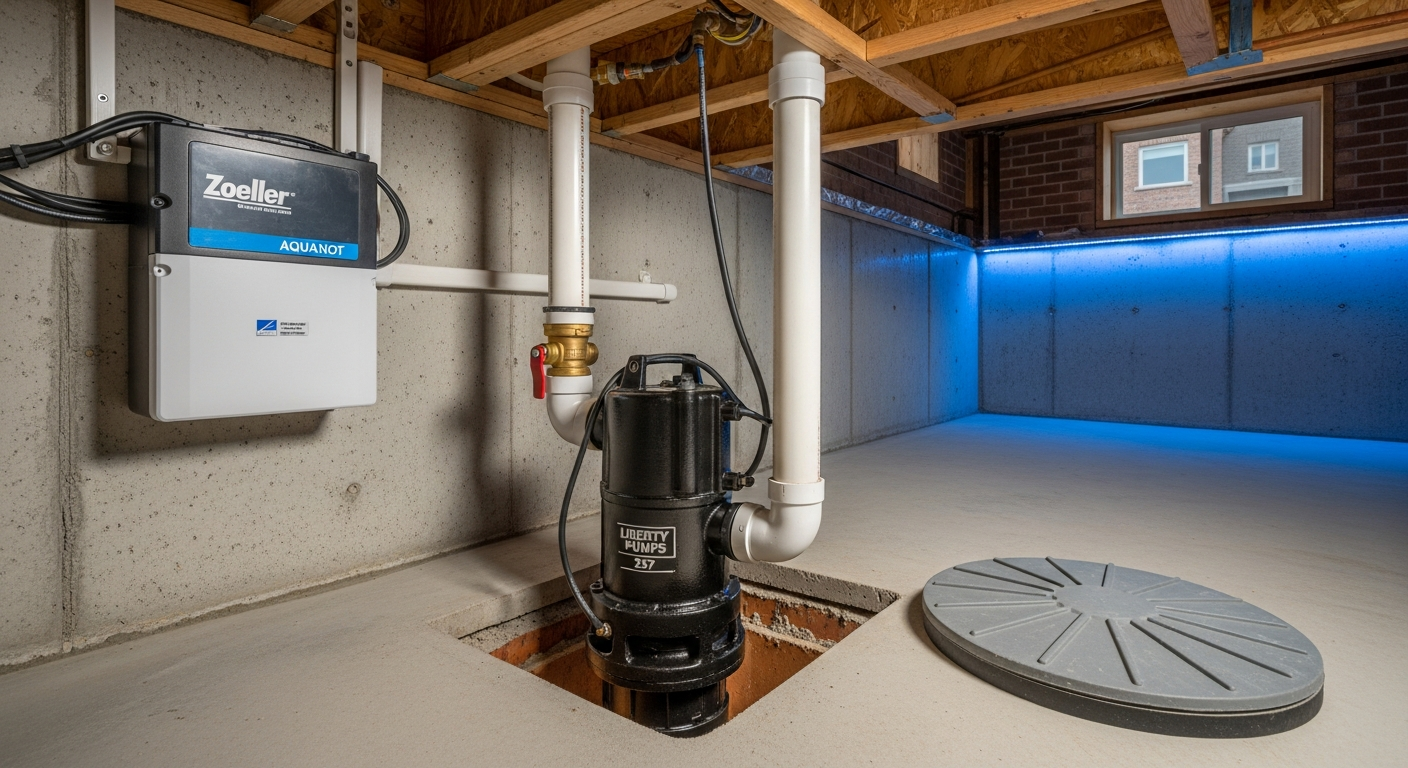 Editorial detail of a Milton sump pump installation install — visible quality finish