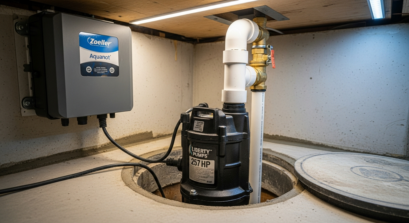 Detail view of a sump pump installation job finished in Oshawa — expert craftsmanship