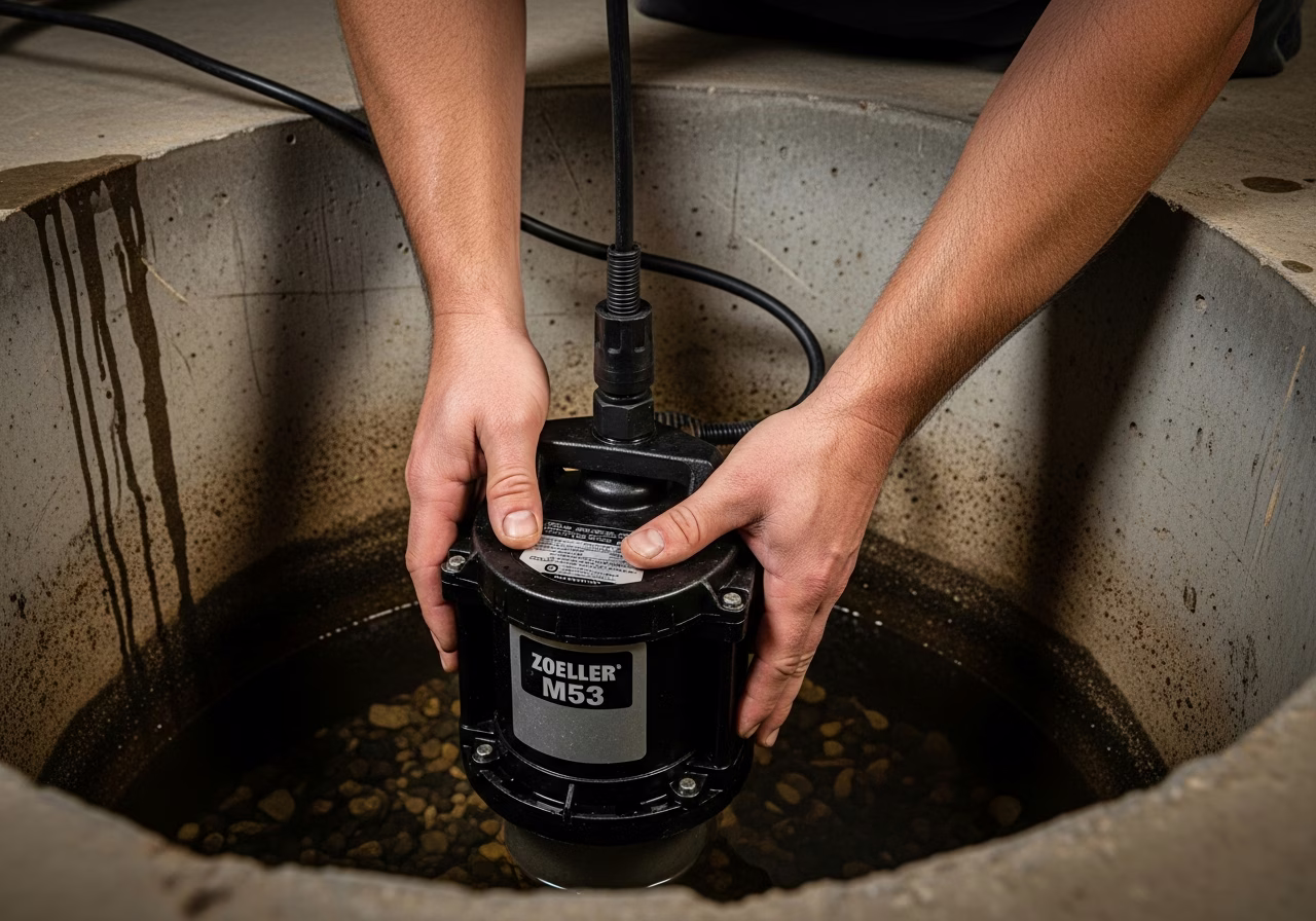 Lowering Zoeller M53 sump pump into Toronto basement sump pit
