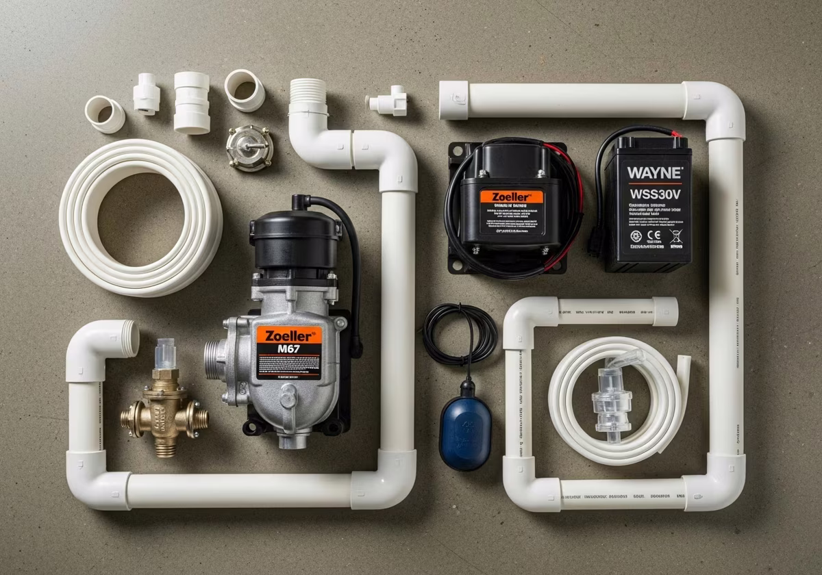 Sump pump install kit — Zoeller primary, Wayne backup, PVC discharge, check valve