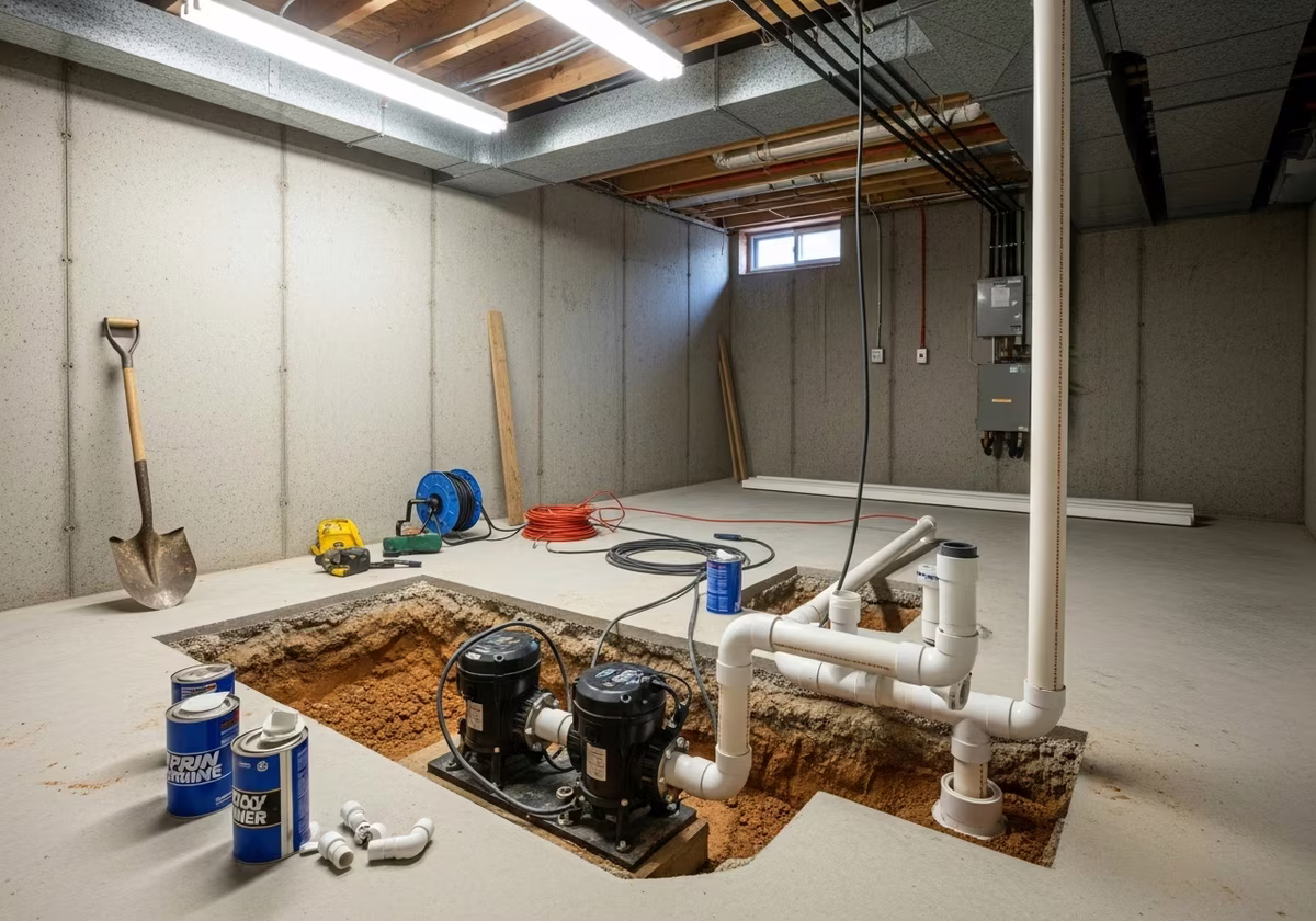 Toronto basement sump pump install — primary + backup positioned, discharge routing