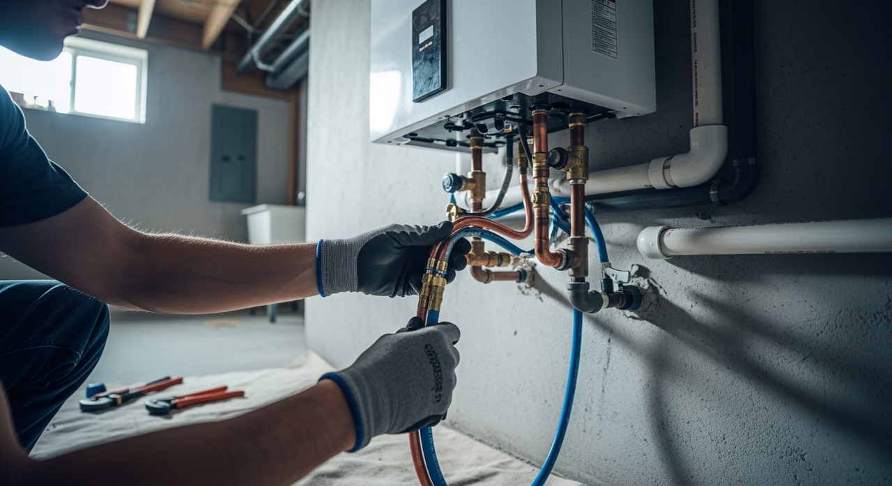 TSSA G2 technician installing Navien NPE-240A2 condensing tankless water heater in Toronto basement