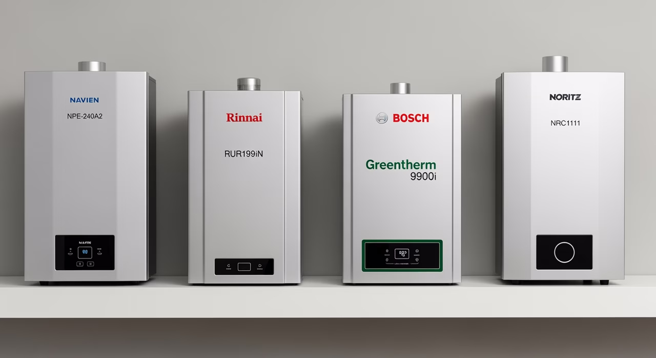 Navien NPE, Rinnai RUR, Bosch Greentherm, and Noritz NRC tankless models compared on display