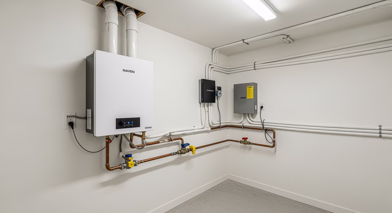 Wall-mounted condensing tankless water heater installed in Brampton townhouse mechanical room