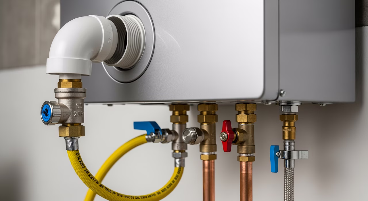 Close-up of PVC concentric venting, ¾ inch gas line upsize, and recirculation return line on tankless