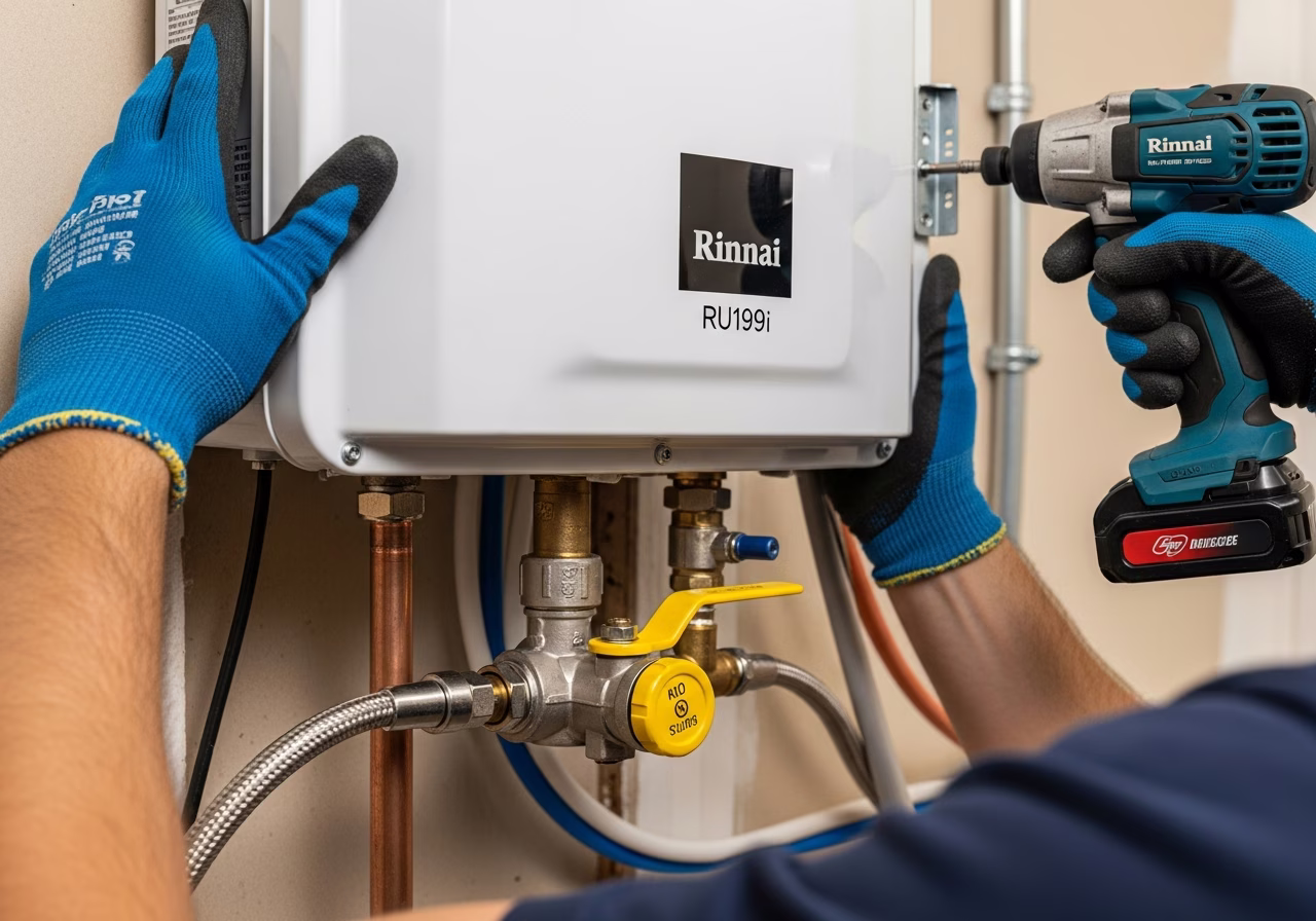 Mounting Rinnai RU199i tankless water heater on Toronto utility room wall