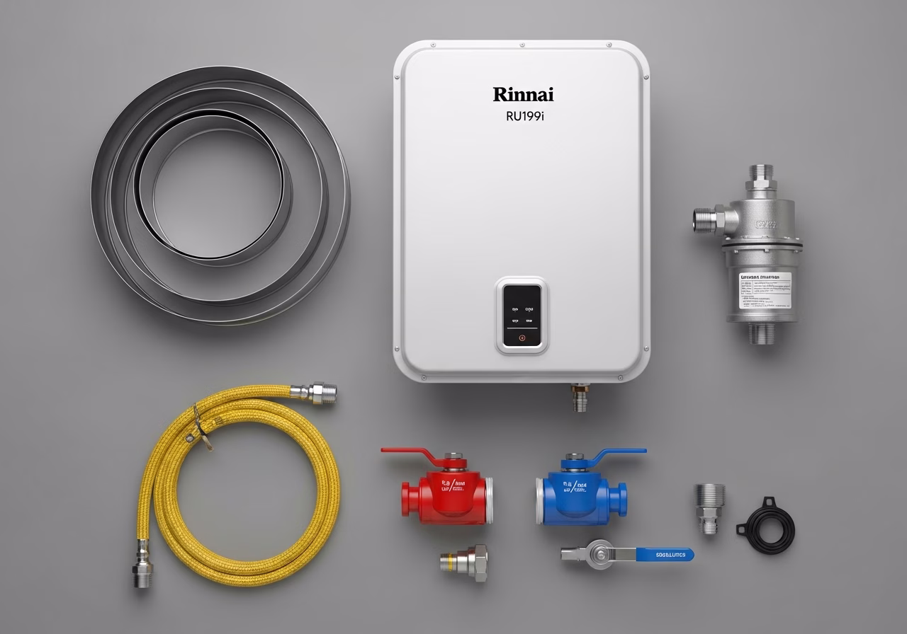 Tankless install kit — Rinnai RU199i, concentric vent, 3/4 gas line, neutralizer