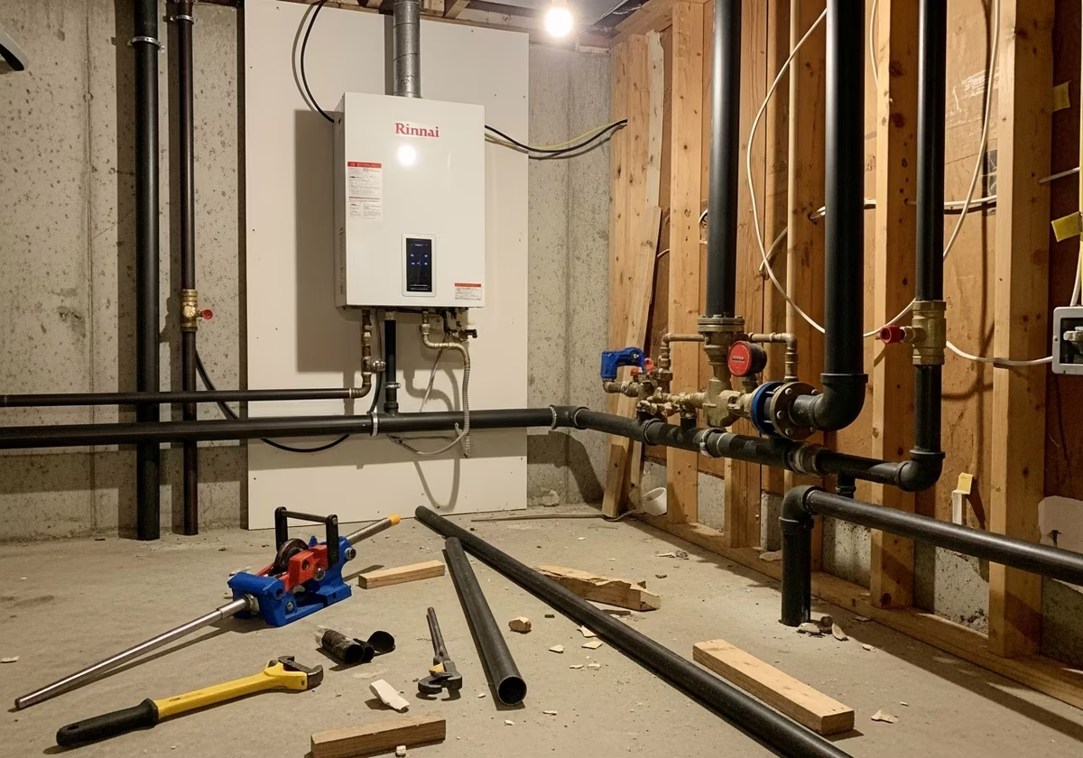 Toronto basement Rinnai tankless install — gas line upgrade to 3/4 black iron