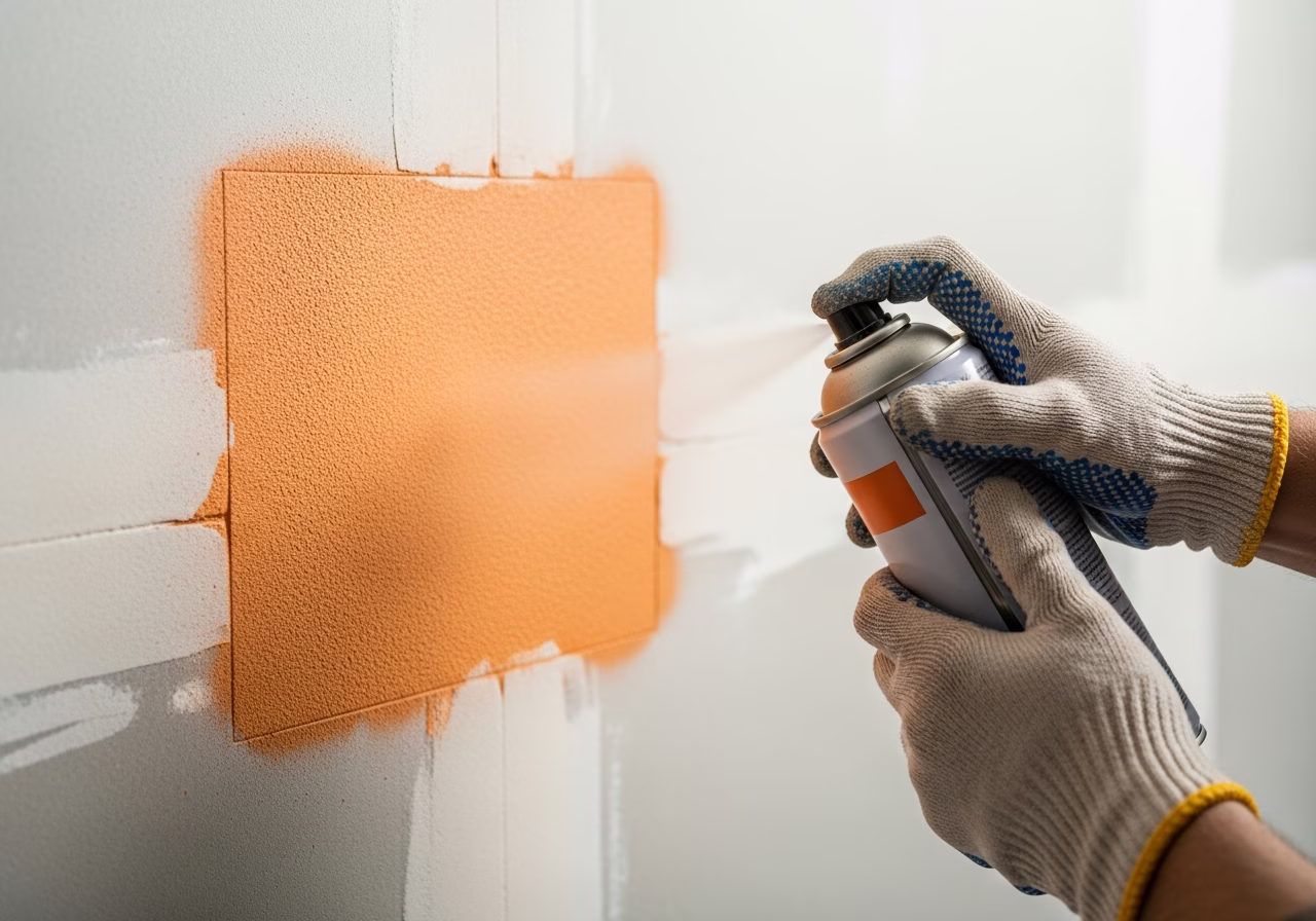 Spraying orange-peel texture match onto fresh drywall patch — RenoHouse texture repair