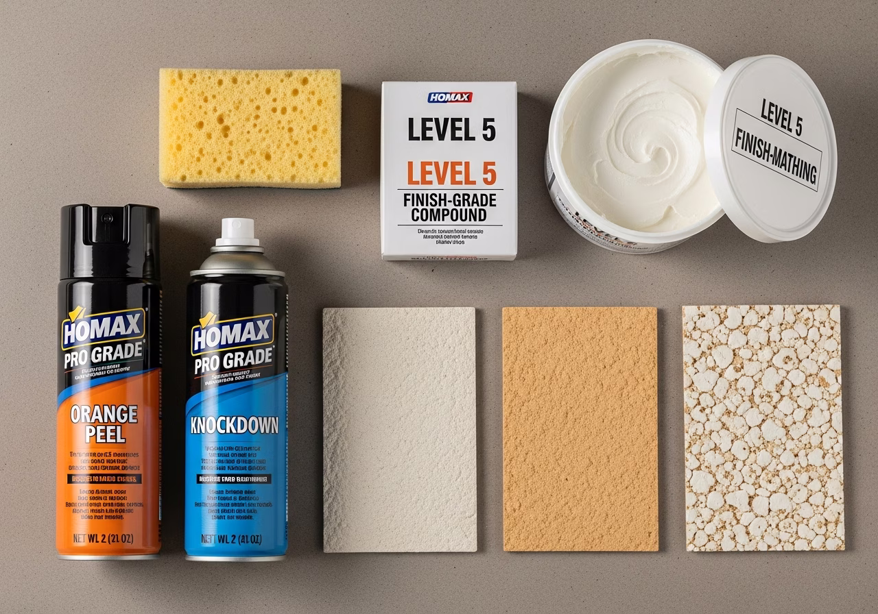 Texture-match materials — Homax orange-peel, knockdown spray, stipple sponge, sample boards