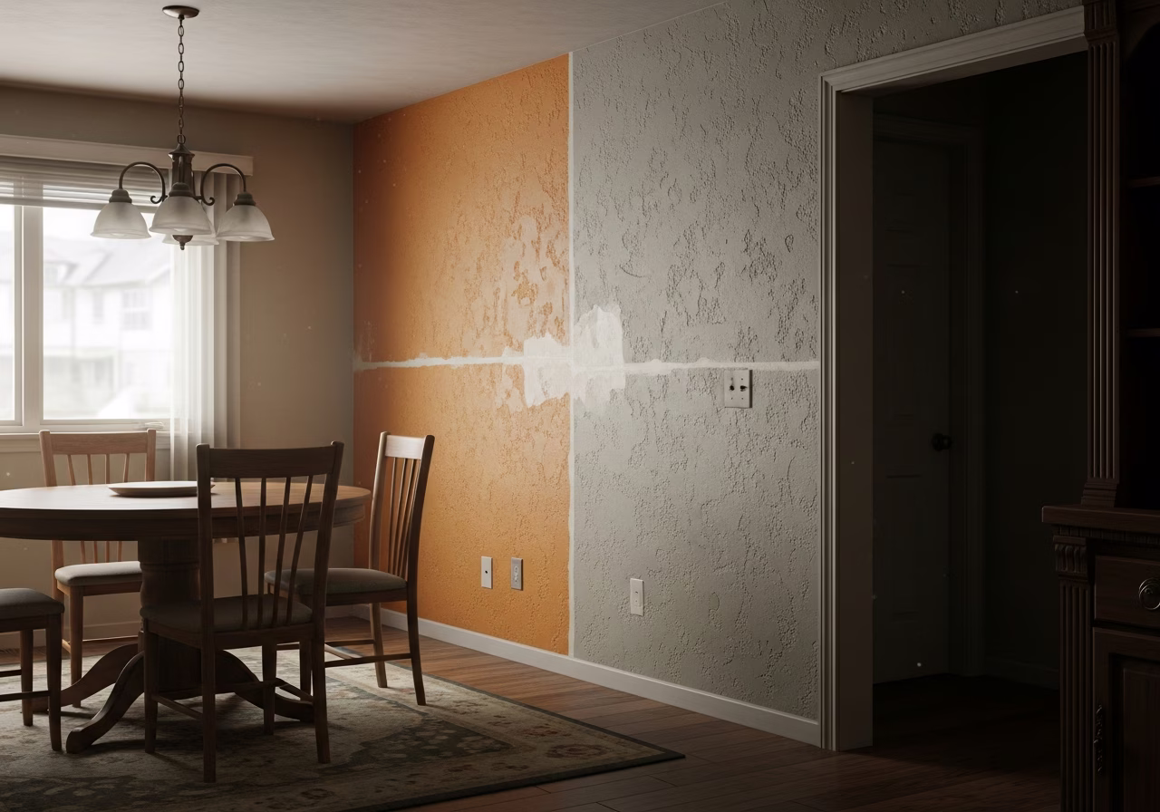 Mixed wall textures with patch area in GTA suburban dining room — orange-peel and knockdown