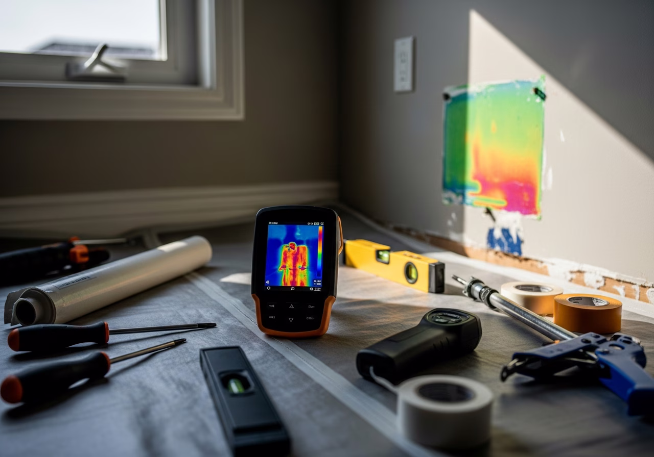 Thermal Imaging Inspection in progress: tools, materials, and protective floor covering staged for a Toronto home inspection