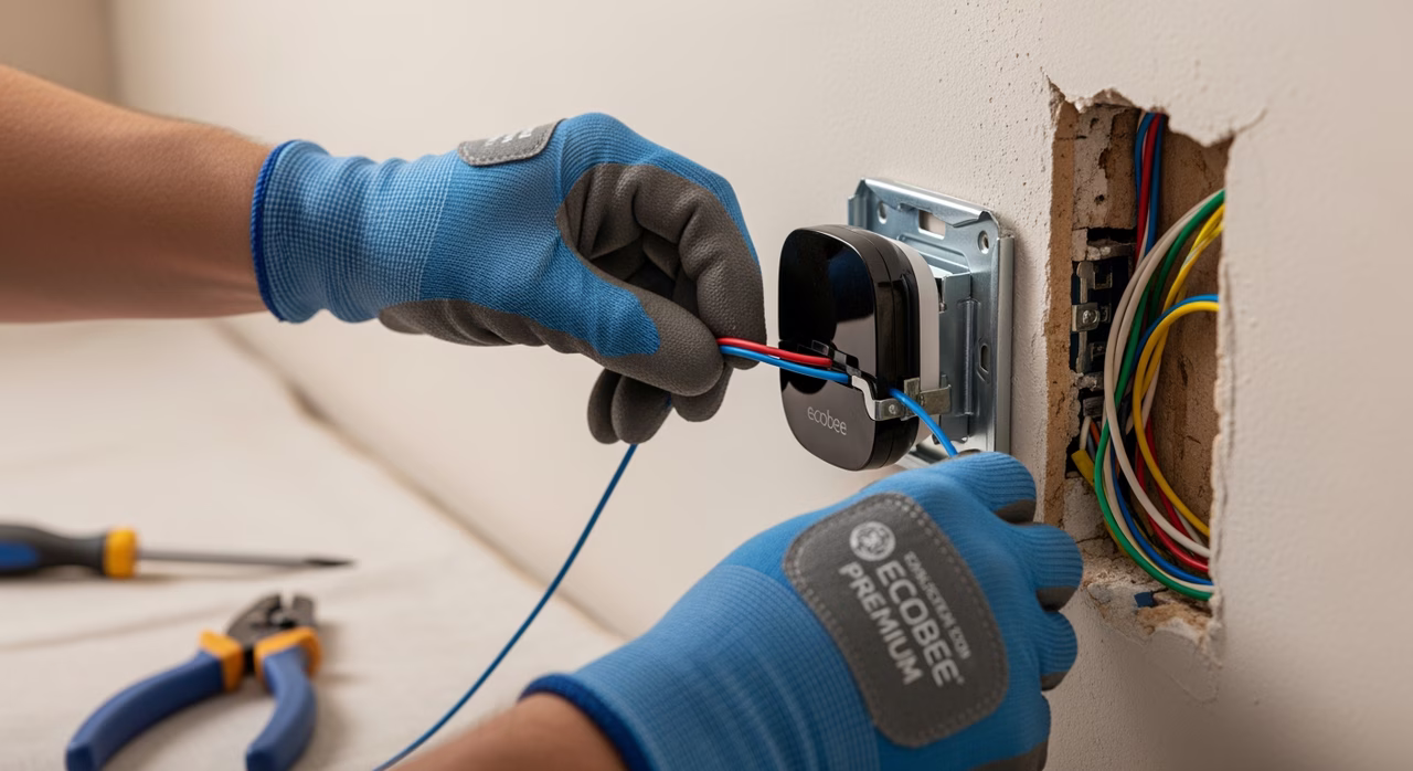 Licensed electrician installing Ecobee SmartThermostat Premium with new C-wire in Toronto hallway