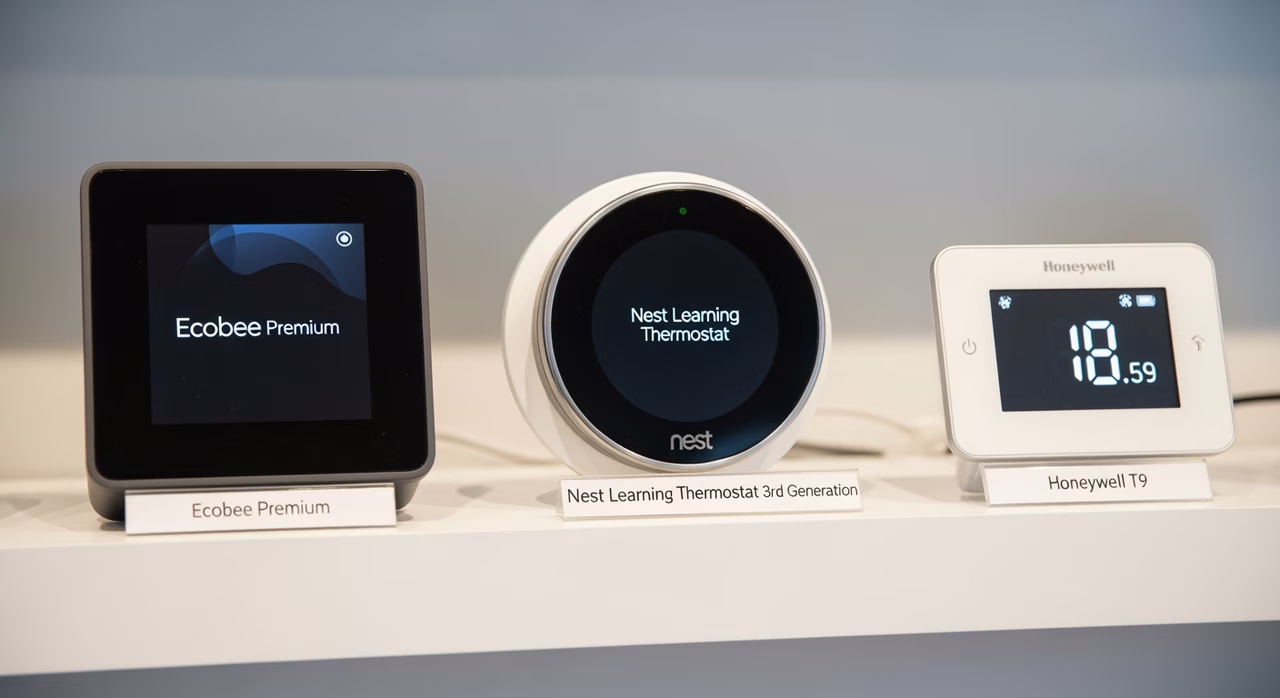 Ecobee Premium, Nest Learning, and Honeywell T9 smart thermostats compared on display
