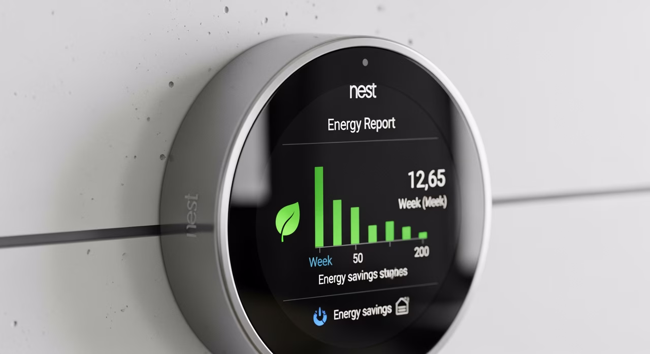 Close-up of installed Nest Learning Thermostat showing energy report on minimalist white wall