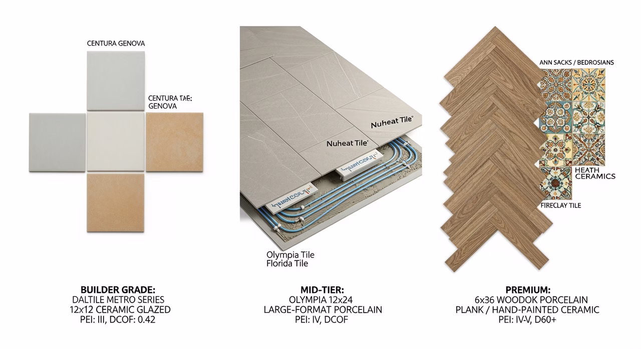 Three Toronto tile flooring tiers compared: builder-grade 12x12 glazed ceramic (Daltile Metro, Centura Genova), mid-tier 12x24 large-format porcelain with Nuheat and epoxy grout (Olympia Tile, Florida Tile), premium 6x36 wood-look porcelain plank or herringbone hand-painted ceramic (Ann Sacks, Heath, Fireclay, Bedrosians)