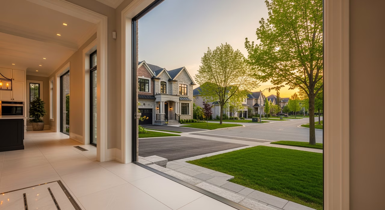 Toronto Vaughan 2015 detached upper-middle-class home at golden hour with mature trees on a suburban family street where large-format porcelain tile flooring across foyer-kitchen-mudroom over Schluter DITRA and Nuheat runs $14-$28 per square foot