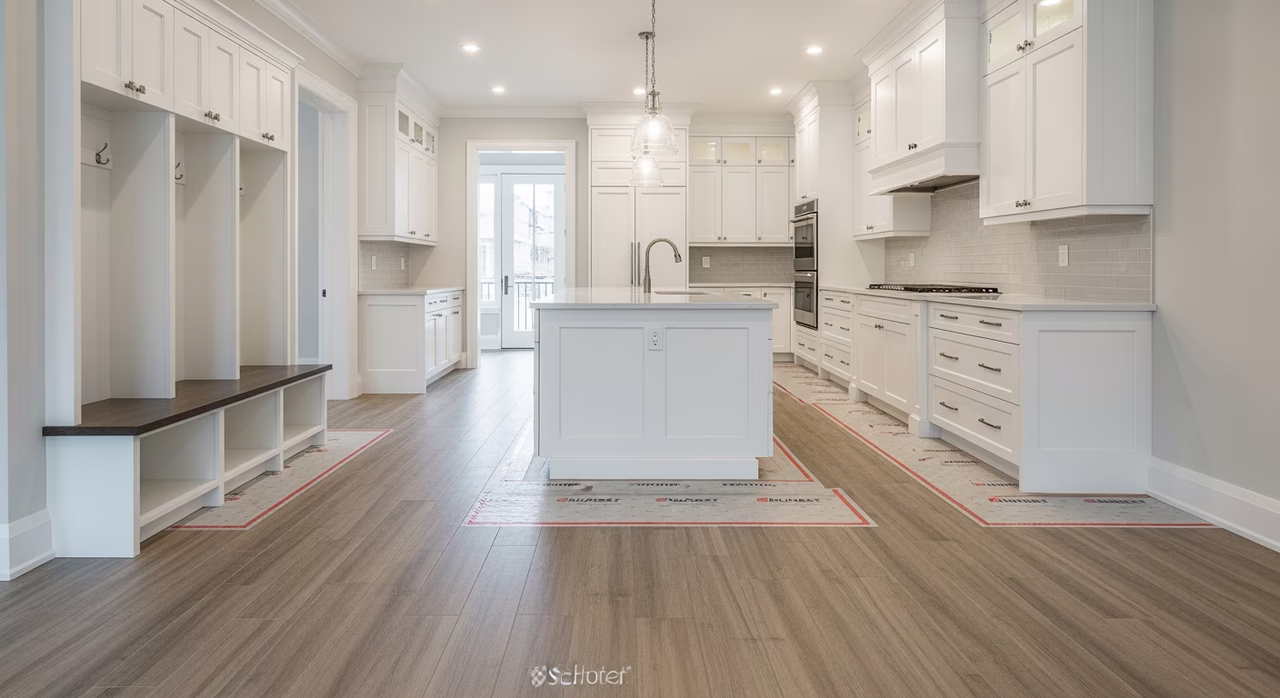 Completed Toronto open-plan kitchen with 6x36 wood-look porcelain plank Daltile Forest Park continuous from kitchen to mudroom over Nuheat with Schluter DITRA-HEAT, white shaker cabinetry, quartz island, brushed-nickel fixtures