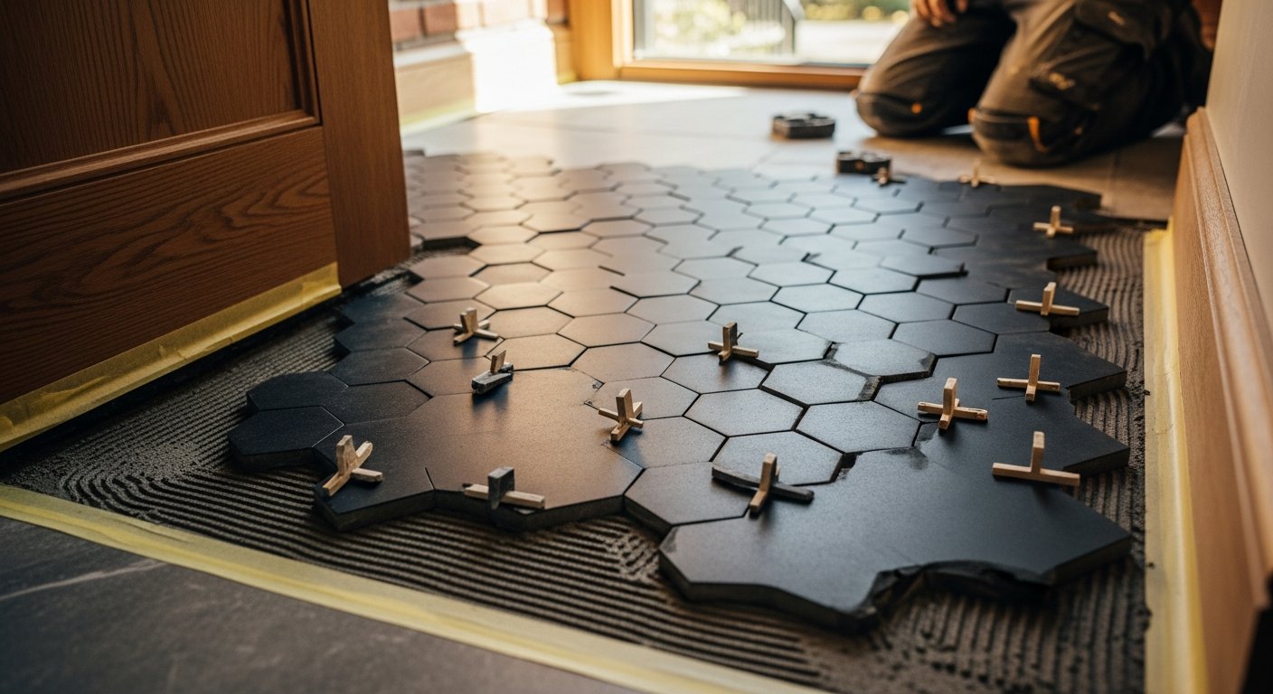 Detail view of a tile flooring installation job finished in North York — expert craftsmanship