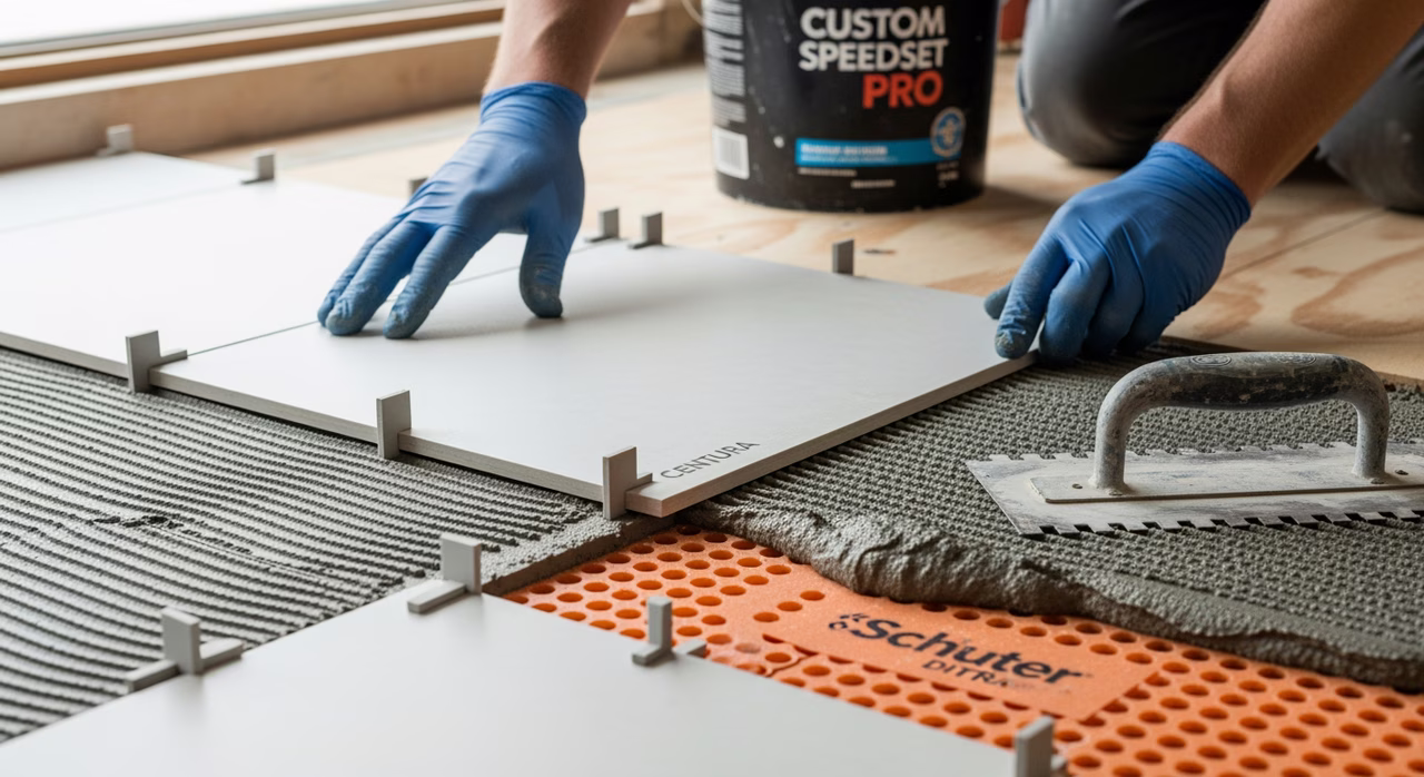 Toronto tile installer setting 12x24 large-format porcelain Centura tile into heat-rated Custom Speedset Pro thinset bed over Schluter DITRA decoupling membrane, 1/8-inch spacers visible at joints, notched trowel beside